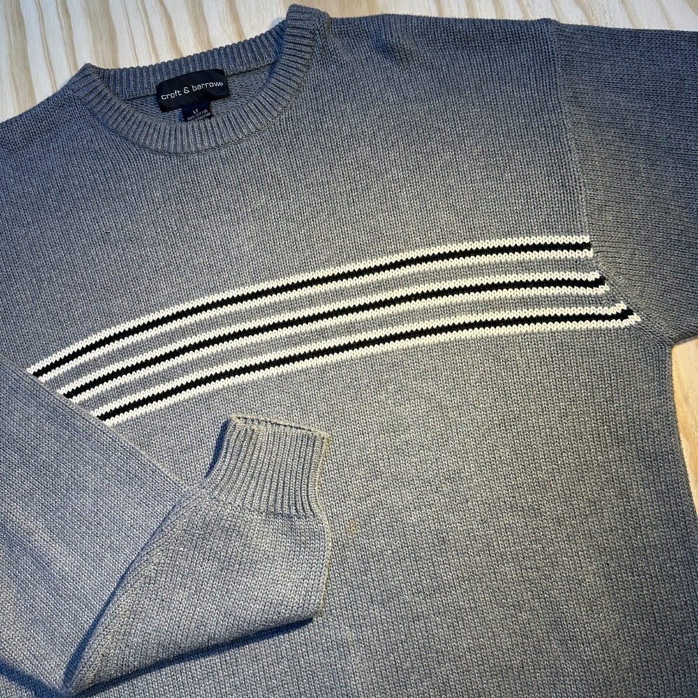 Croft & Barrow Men's Chest Striped Knit Cotton Crewneck Pullover Sweater Grey LT